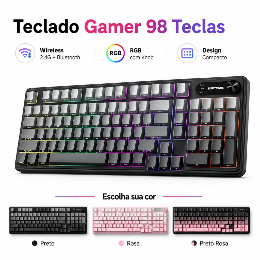 Teclado Gamer FURYCUBR 98 Teclas Wireless 2.4G Bluetooth RGB LED com Knob para Jogos Home Office
