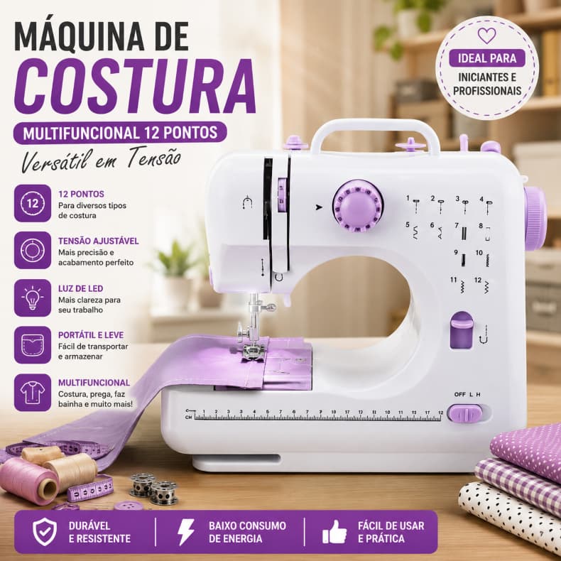 Mini Máquina De Costura Portátil Doméstica Multifuncional Composta de 12 Pontos Versátil - Bivolt