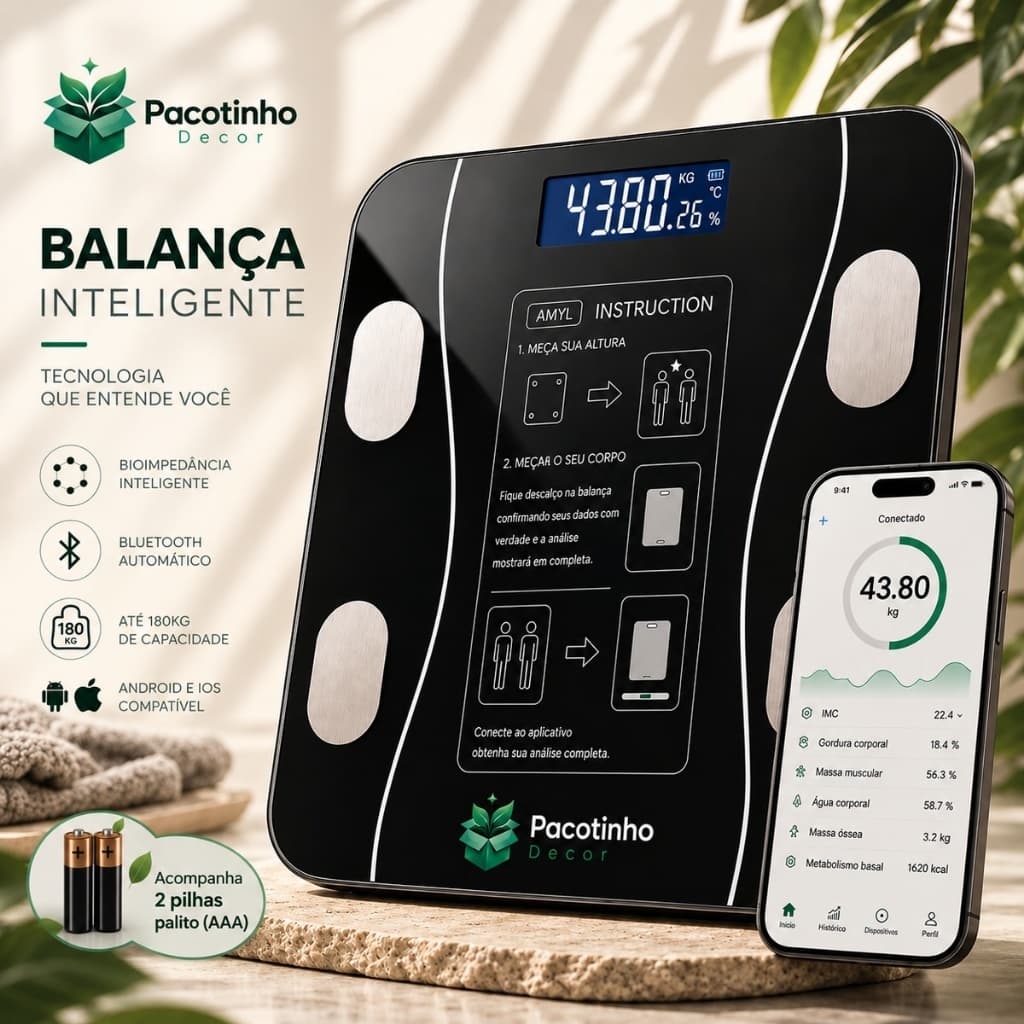 Balança Digital Smart Bioimpedância 180kg Bluetooth IMC Corporal App Android iOS