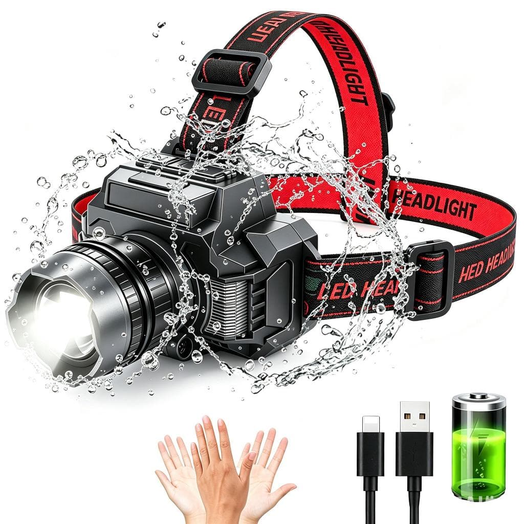 Lanterna de cabeça com sensor de movimento LED potente recarregável ajustável de 270° 6 Modos,1800mAh Ideal para Camping