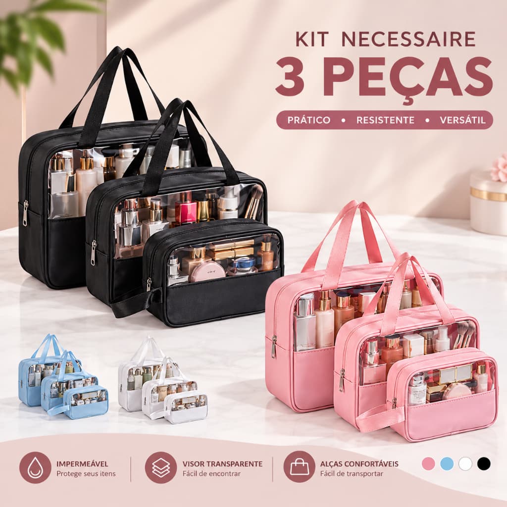 Kit 3 Necessaires Transparentes Grande Capacidade Para Cosméticos e Maquiagem Organizador de Viagem