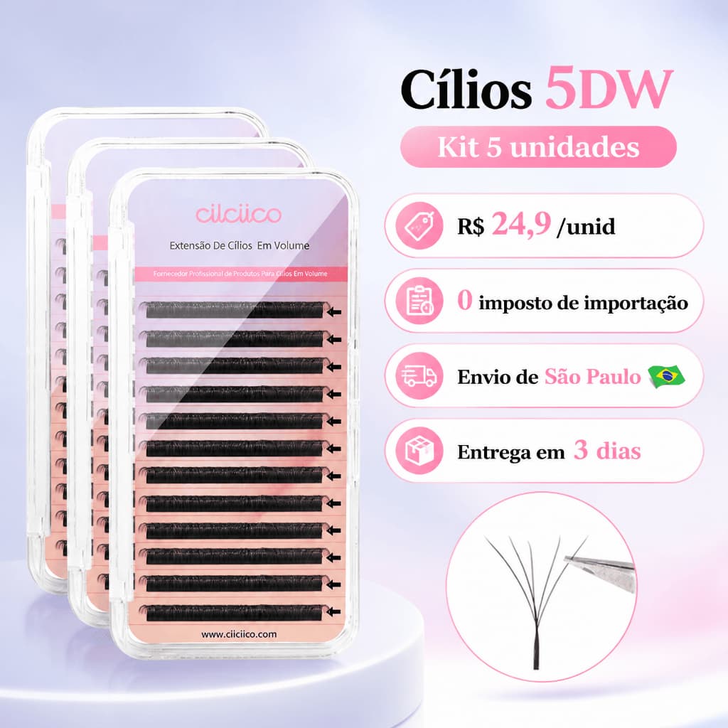 Cilciico Cílios 5D W Volume Hollywoody para Extensão de Cílios Natural 0,07mm Kit 4 CX Envio de SP