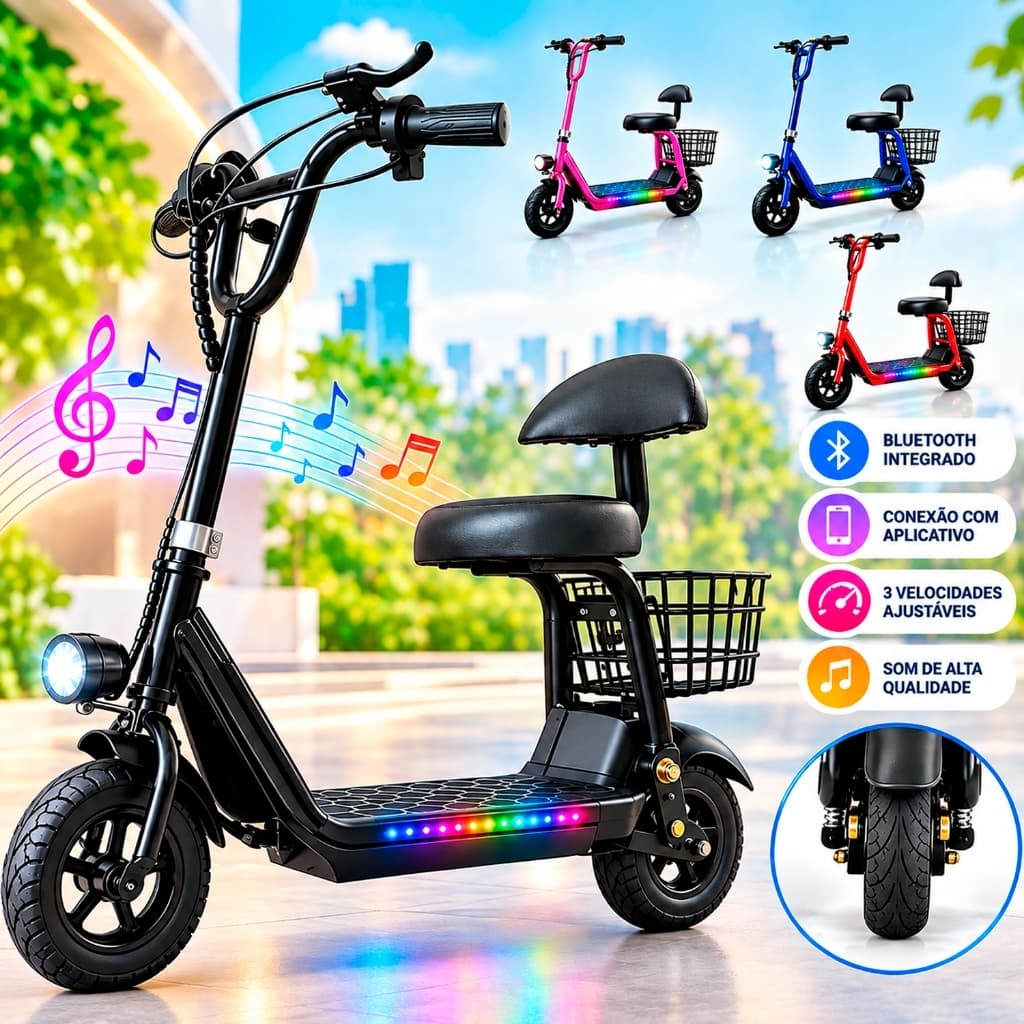 Patinete Elétrico Infantil Com Banco Assento de 350W 18KMH 10KM 80KG 8 Inch Pneus