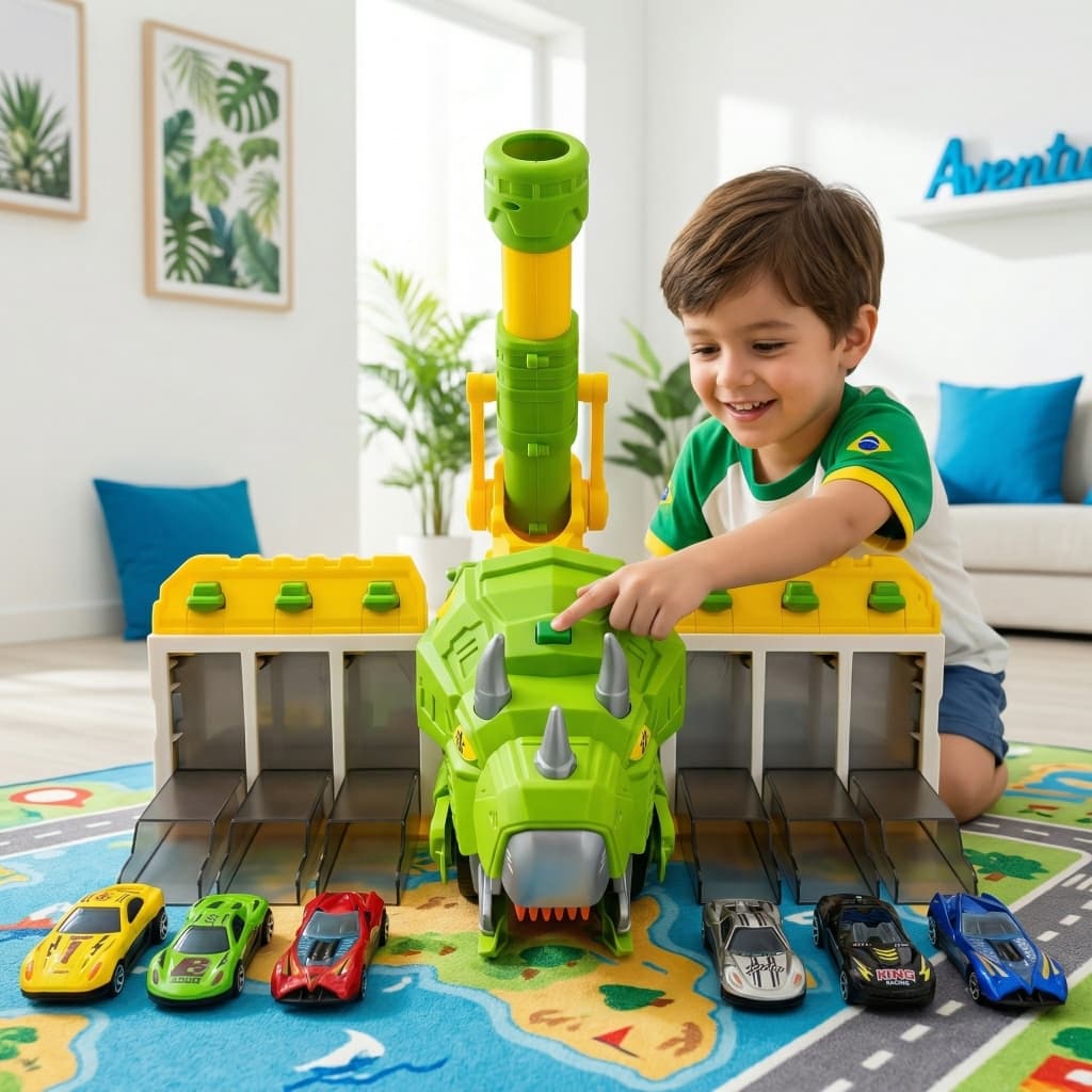 Caminhão Dinossauro Jurassic Transformável, Engole Carrinhos e Lança Bolas – 6 Carrinhos e 6 Bolas de Futebol