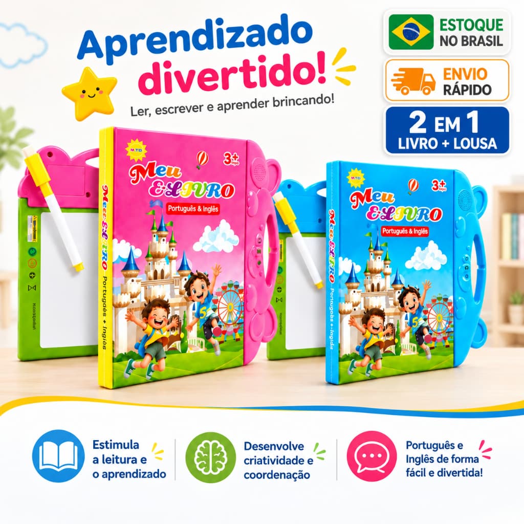 Livro Sonoro Interativo para Crianças Português e Inglês Livro Ilustrado Integrado Leitura e Escrita Brinquedo Educativo