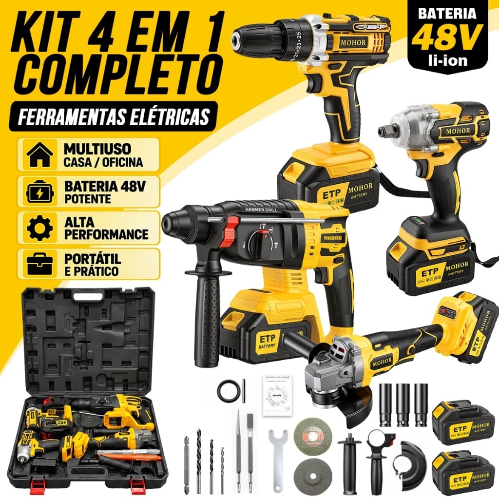 Kit 4 em 1 Sem Fio Furadeira Chave de Impacto Esmerilhadeira Parafusadeira Maleta Profissional