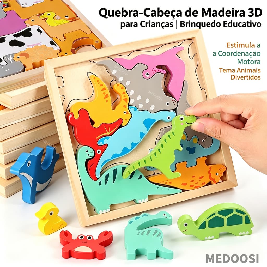 Tabuleiro de quebra cabeça 3D de encaixe Dinossauro  Animais e vida marinha Brinquedo pedagógico