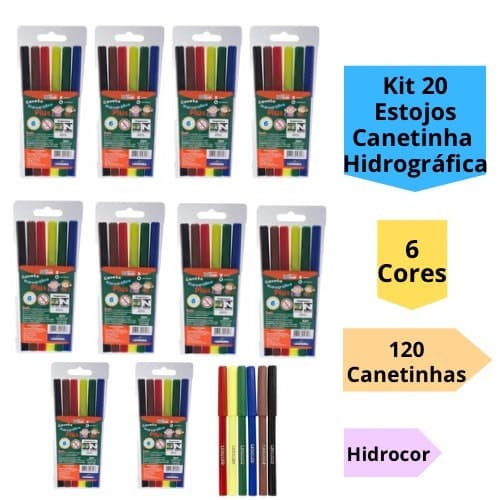 Kit 20 Estojos Canetinha Hidrográfica 6 Cores Hidrocor 120 Canetinhas Escolar Infantil Leo&Leo