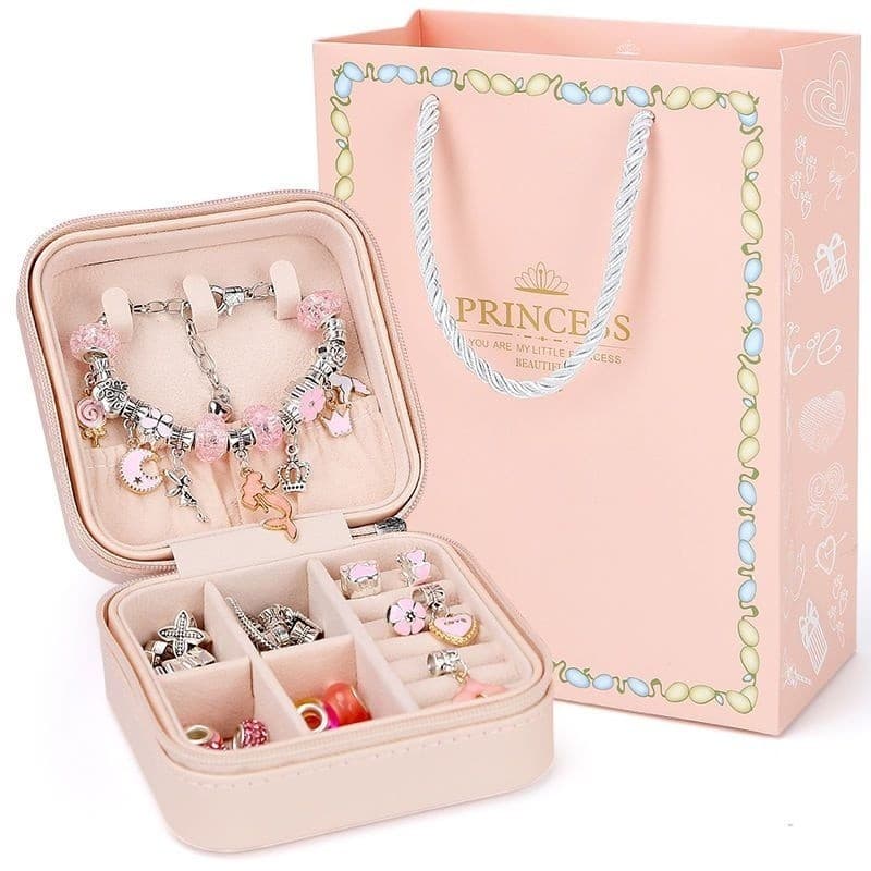 Kit Pulseira Colar Linda Diy 67pçs Com Porta de Joias Infantil Presente De Aniversário Para Meninas