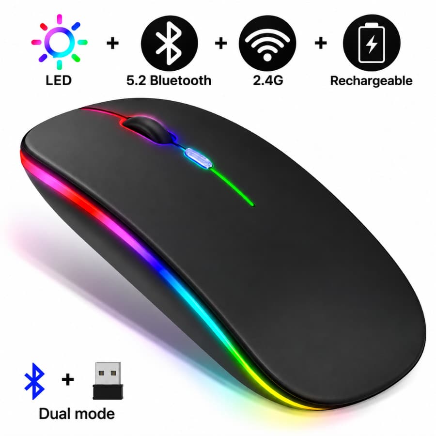 Mouse sem fio dual band receptor nano 2,4ghz / Bluetooth RGB recarregável MS-S350L
