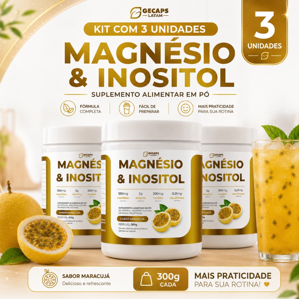 Kit 3 Magnésio & Inositol Gecaps Latam 300g Maracujá | Suplemento Alimentar