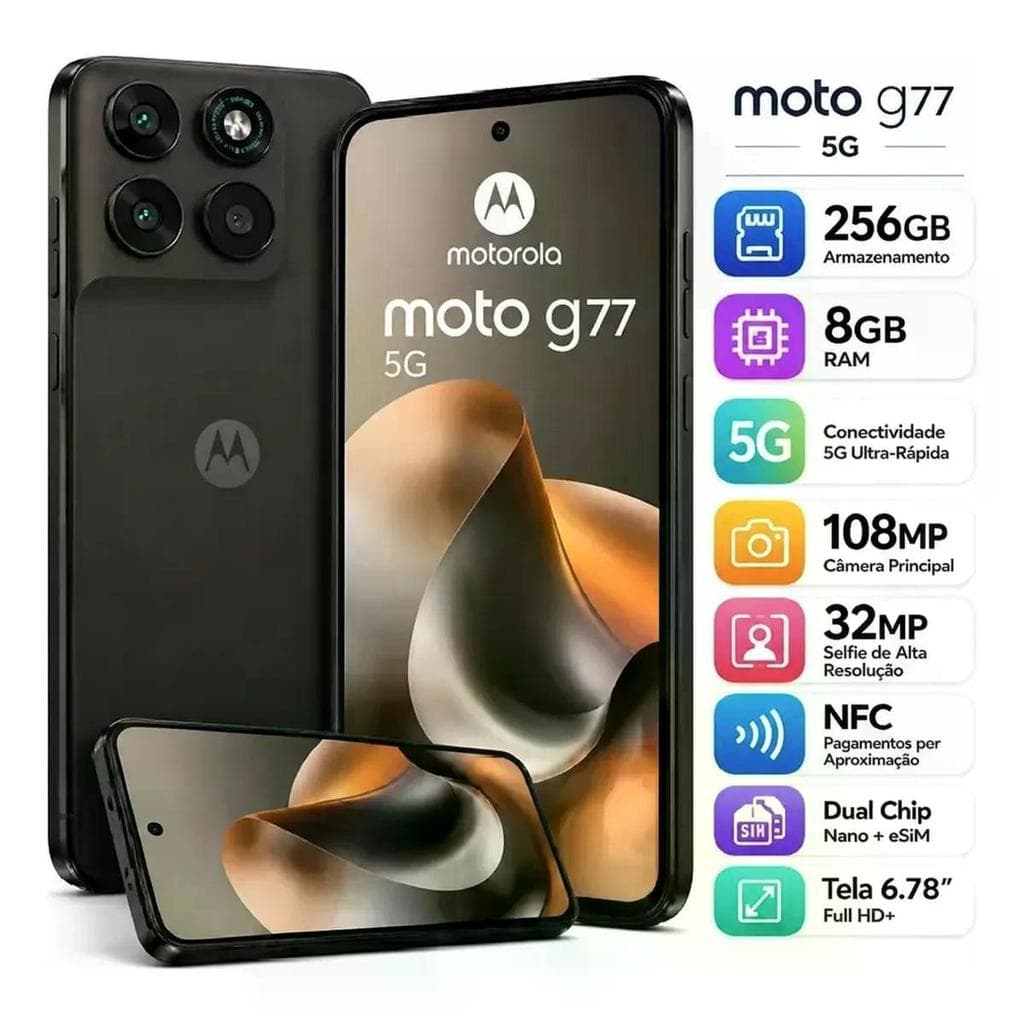 Smartphone Motorola Moto G77 5G 256GB  8GB RAM Câmera Traseira 108MP + 8MP Selfie 32MP Tela 6.8" 5200mAh -  Marrom